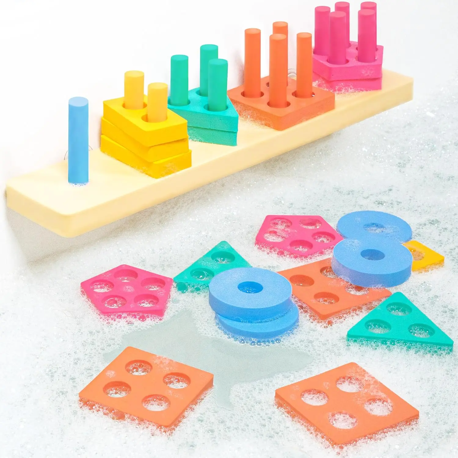 Splash, Stack & Sort ™   Shape Sorter & Stacking Toddler Bath Toy |   20 Foam Pieces |   Color Sorting & Shape Stacking Kids Bath Toys |   Floats & Sticks to Tub Walls |   Early Learning Bathtub Toys New model