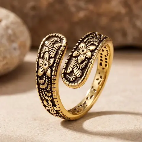 Vintage 14k and Silver Color Spoon Ring, Adjustable Carved Design for Women, Unique Boho Open Ring for Gifts, Vintage Rings Jewelry, Beautiful Rings