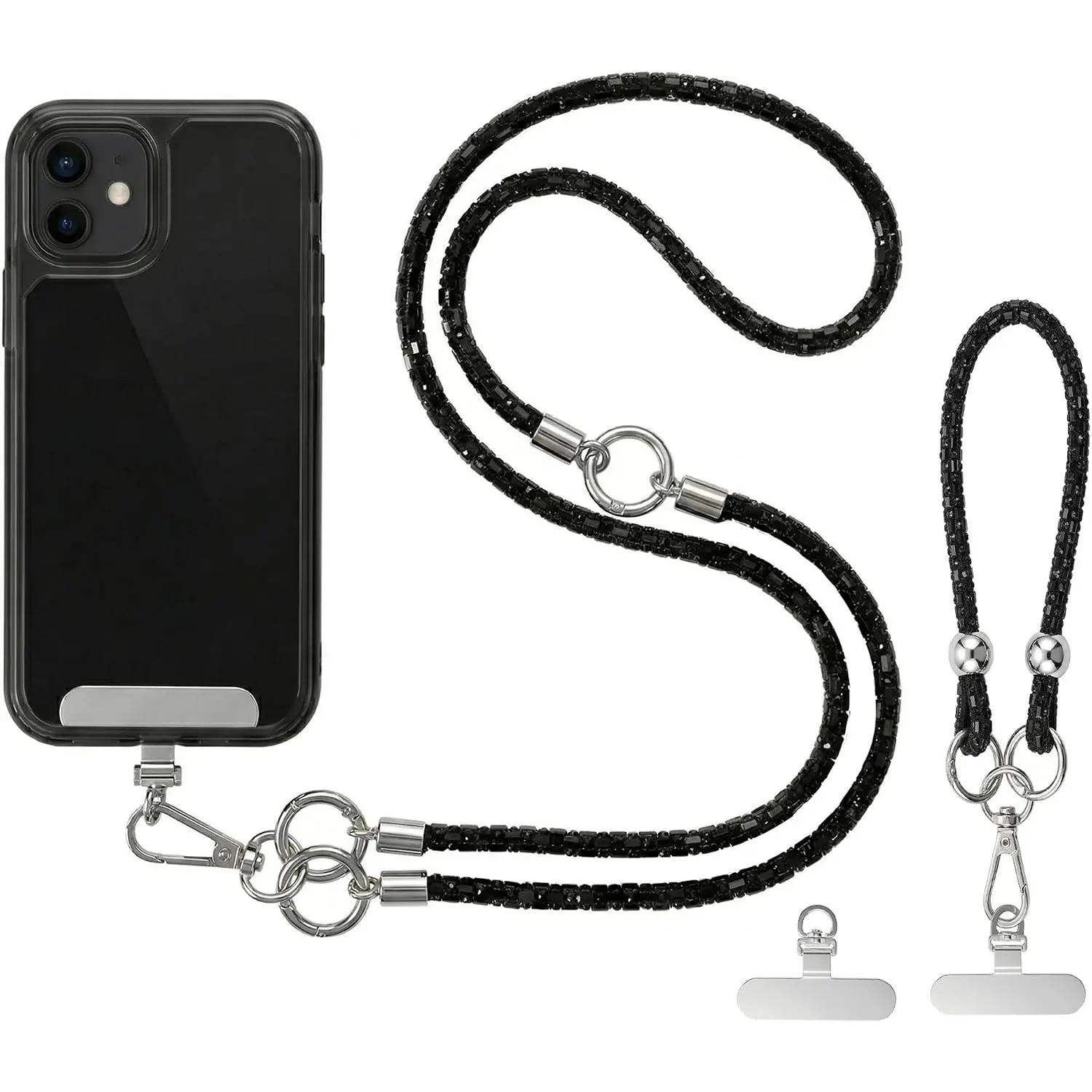 Phone Lanyard Crossbody and Wrist Strap Set, Rhinestone Women Anti-Lost Crossbody Phones Straps, Cell Phones Lanyards and Phone Charm for  / 17 Pro Max, Black