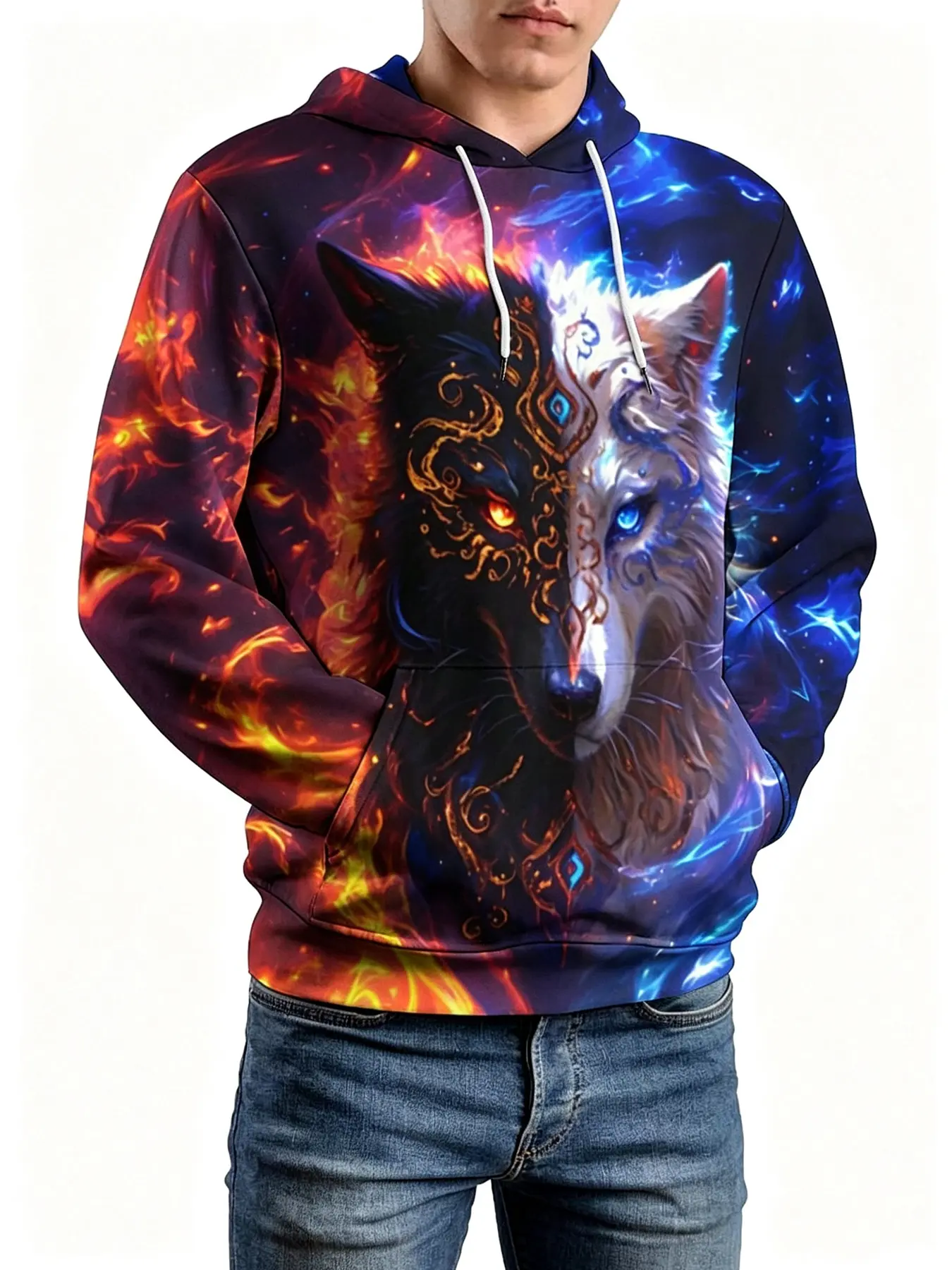 Ice and Fire Twin Wolves 3D Digital All-Over Print Trendy Casual Long Sleeve Hoodie