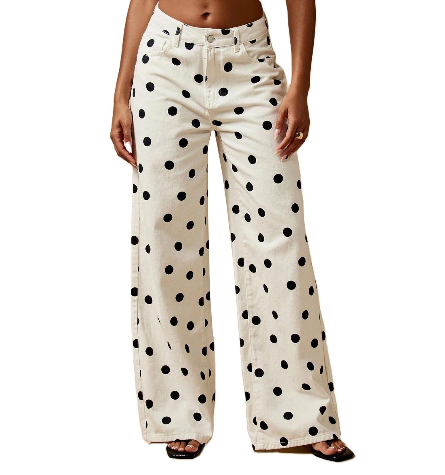 Women's Casual High-Waisted Stretch Polka Dot Straight-Leg Jeans with Pocket, High Waisted Retro Style Jeans, casual and versatile, vintage burgundy