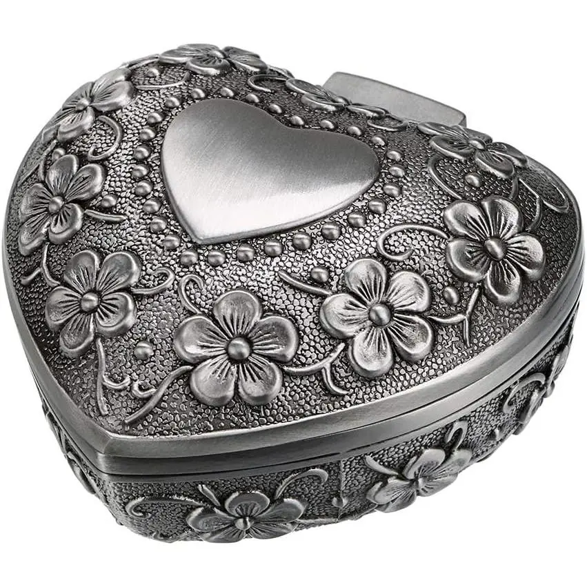 Heart Shape  Box - Small Antique Ring/Earrings/Necklace Storage Organizer Case, Metal Treasure Chest Trinket   Box for Women