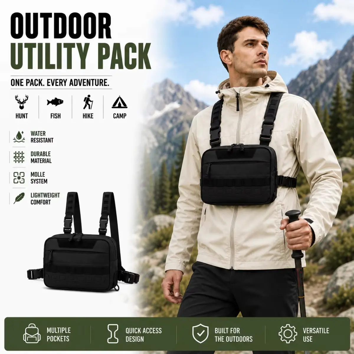 Men's Tactical Chest Bag - MOLLE System Hands-Free Multi-Purpose EDC Waist Pack & Crossbody Rig, Durable Fabric Outdoor Gear with Quick Access, Tactical Look for Hunting, Hiking