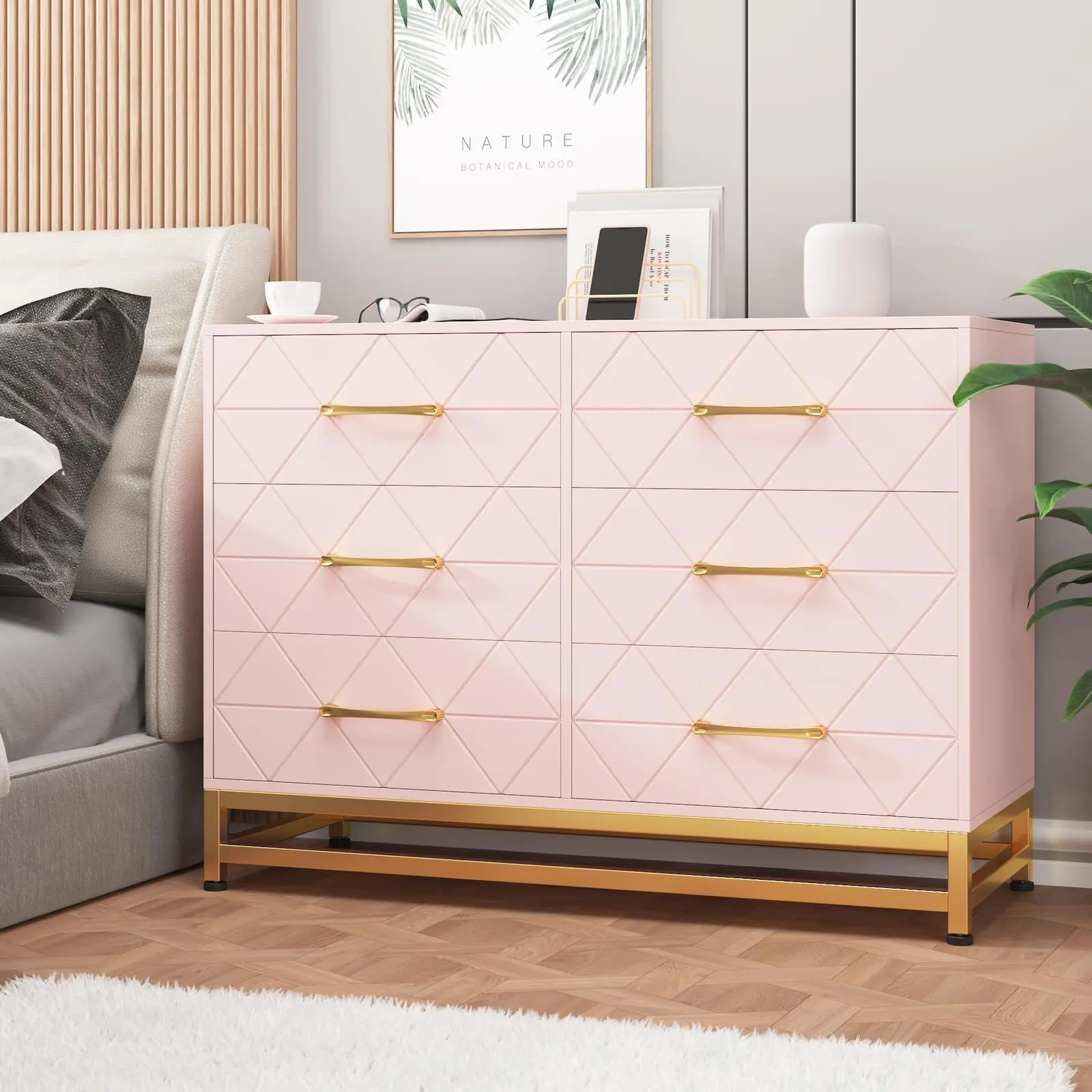 GARVEE6 Drawer Pink Wood Dresser - Modern Multi-Functional Chest of Drawers for Bedroom, Living Room, Hallway, and Nursery, Ideal for Closet and TV Stand Use