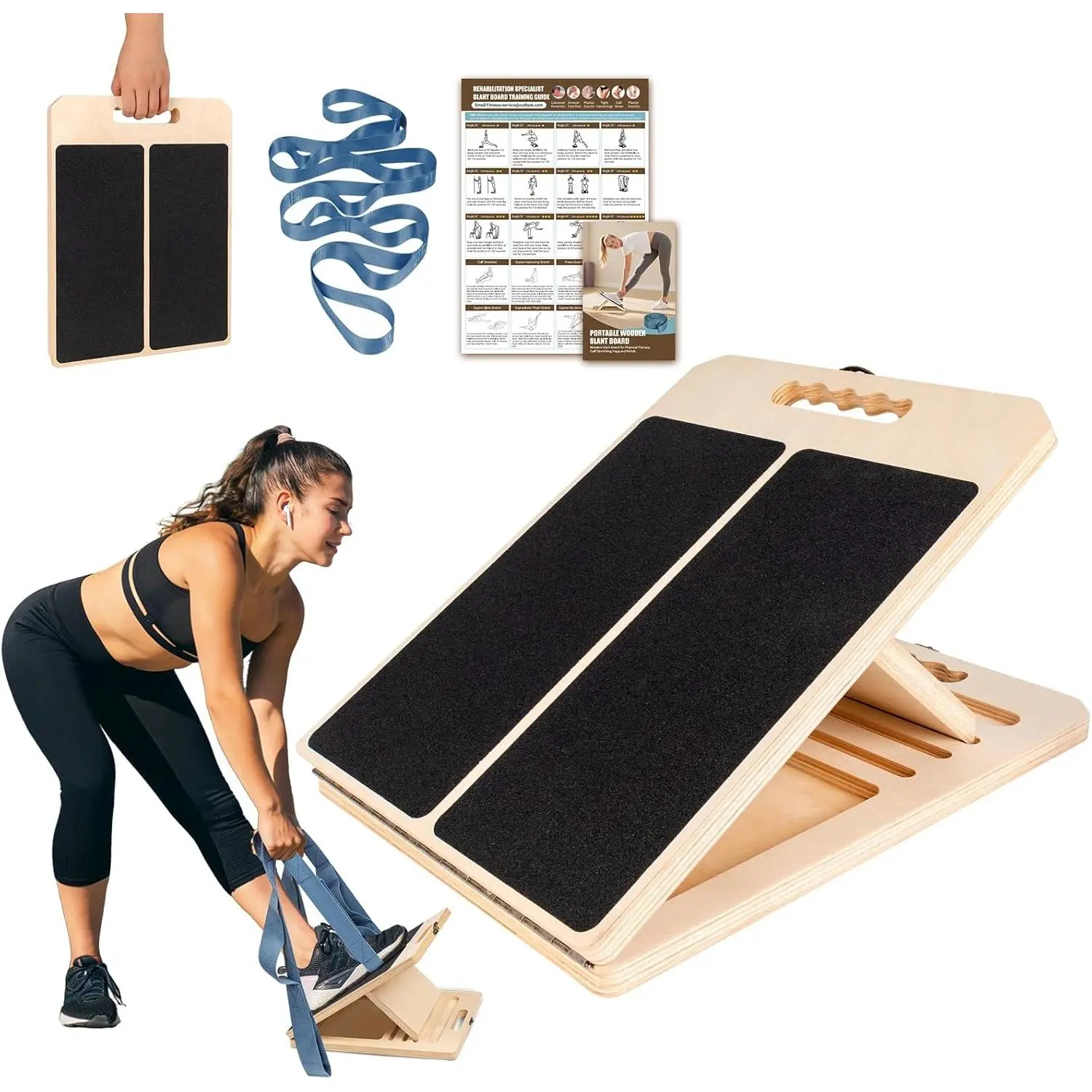 Slant Board for Calf Stretching, Adjustable Wooden Calf Stretch Board with Stretch Strap & Training Poster, 300 Lbs Weight Capacity Velour Board for Calf Ankle Achilles Physical Therapy Leg Exercisers