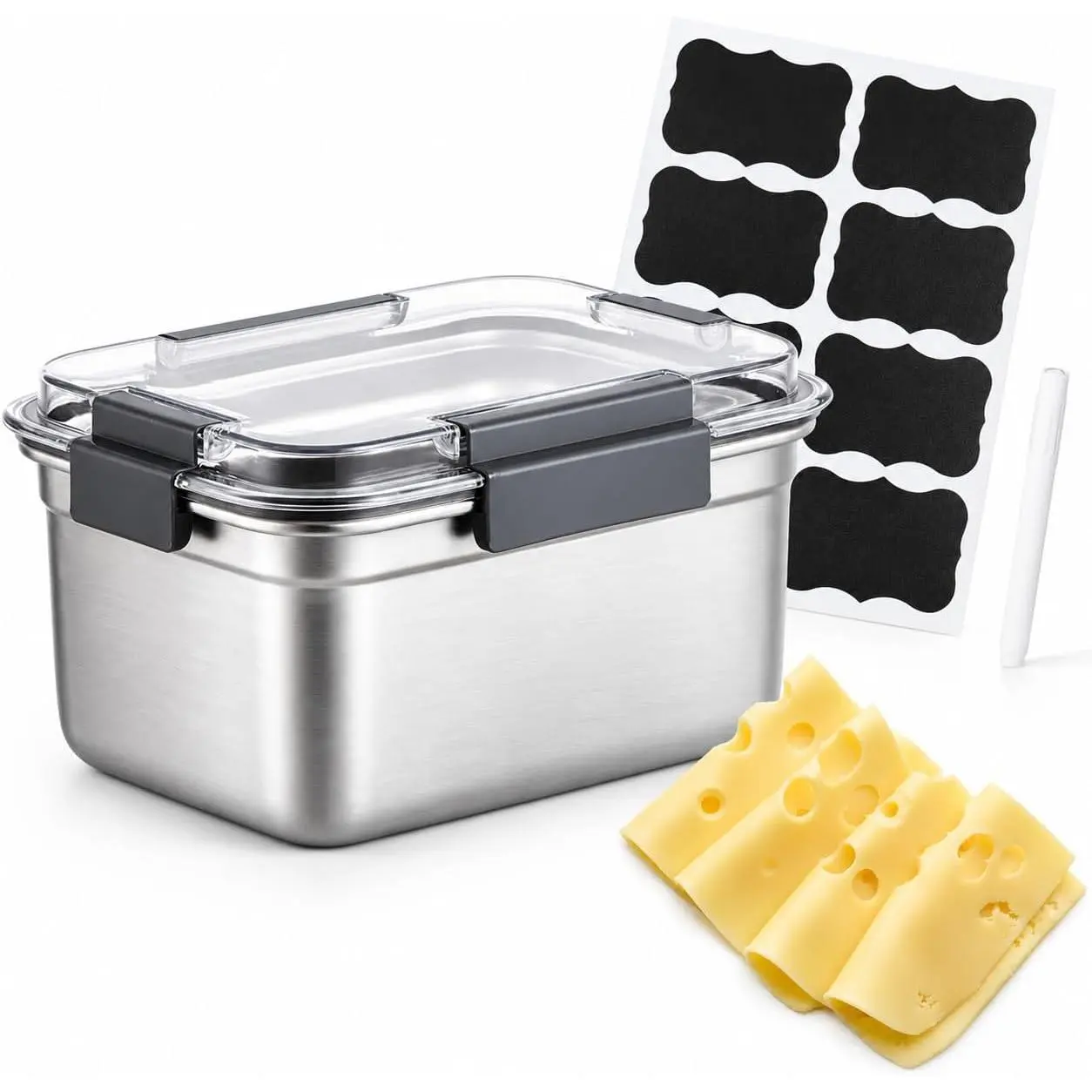 Cheese Container for Refrigerator,Cheese Stainless Steel Container with ,Deli Meat Saver,Kitchen Storage Keeper box,fridge organizer Stackable Sliced Grated,Shredded,Cheddar Cheeses Holder