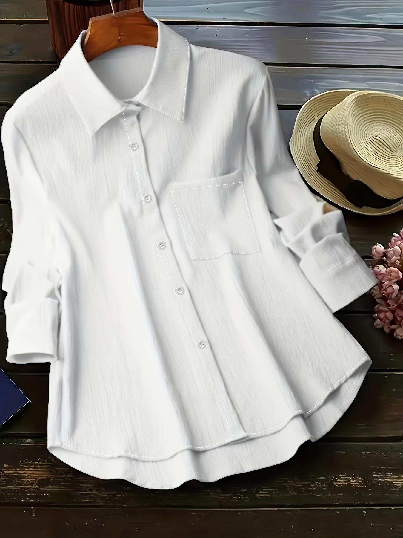 【Plus Size】 Solid Color Curved Hem Shirt, Casual Short Sleeve Collared Top for Summer, Women's  Clothing for Daily Wear