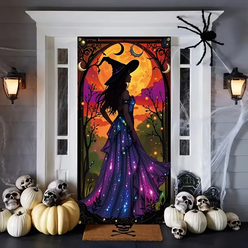 Halloween Welcome Banner, Witch Family Banner, Door Decor, Festival Party Decoration, Durable Polyester Material