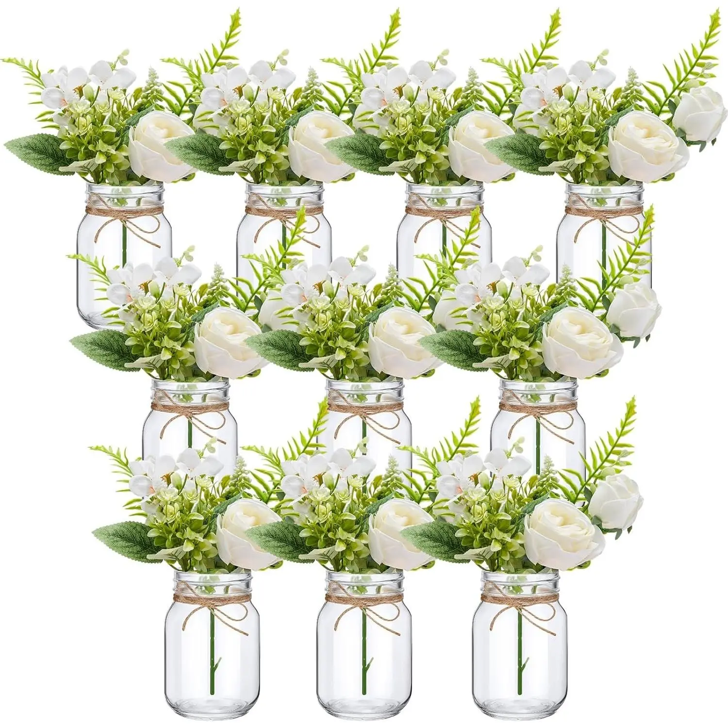 10 Set Mason Jars for Centerpieces,White,Rose | Mason Jar Flower Vases, Romantic Table Centerpiece Decor, Engagement Bridal Shower Wedding Reception, Elegant Home Decoration