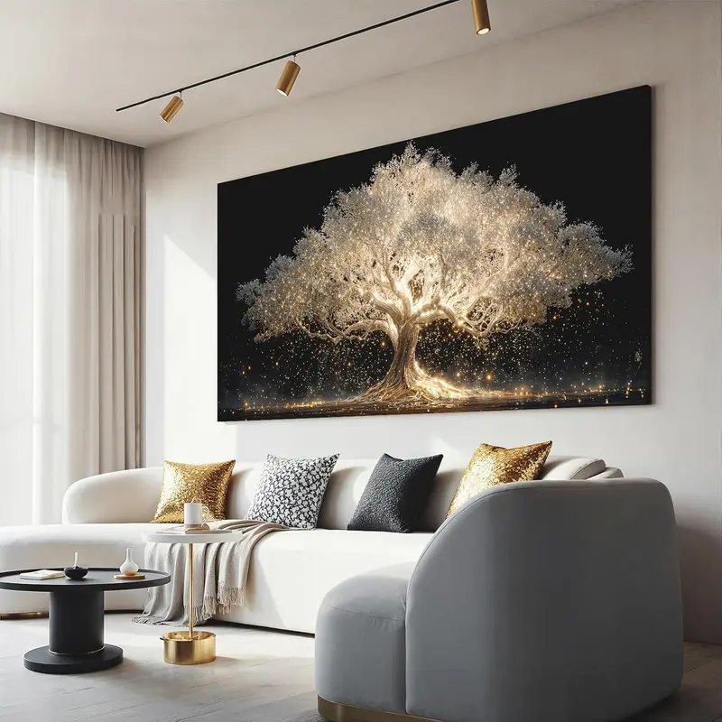 Gold Tree Of Life Canvas Wall Artwork, 28x40in Retro Decoration with Polka Dot, Houndstooth, Plaid, Marble Accents, Modern Home Decor for Wall, Living Room Gifts for Thanksgiving, Valentine's Day, Frames
