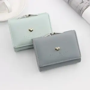 Women's Foldable Minimalist Heart Metal Accent PU Leather Trifold Short Wallet - Kiss Lock Multi-Card ID Coin Clutch, Girly Purse Items for Teen Girls Daily Gift, Wallets for Women, All Over Print Design