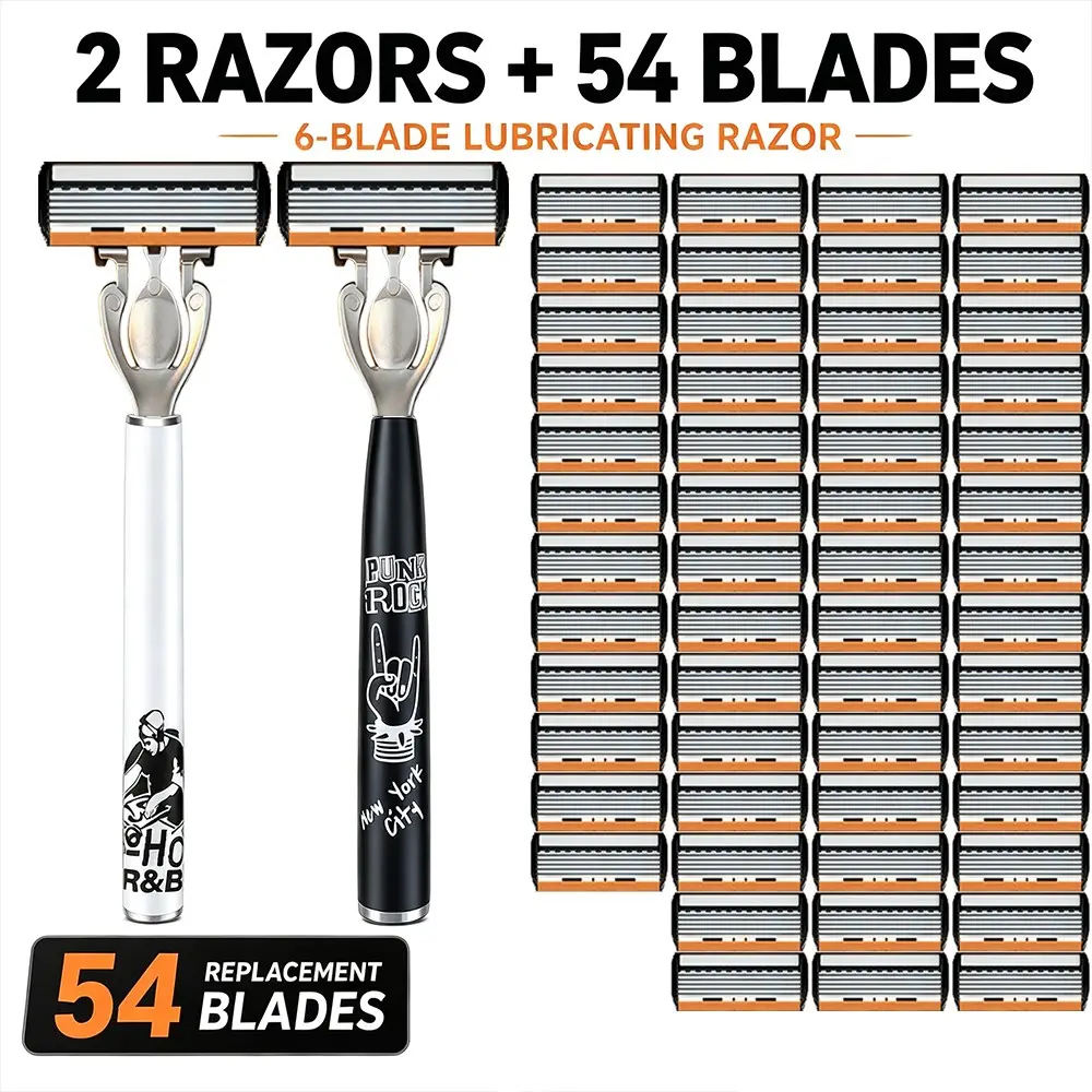 [2 Handles 54 Replacement Blades] 6-Layer Lubrication Manual Shaving Razors Set | Trendy Black & White Handles | Sharp Close Shave Without Irritating Skin | Replacement Blade Set for Men
