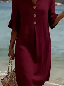 Women's Solid Color Button Dress, Ruffle Sleeve Design, Summer Casual Office Wear, Simple and Elegant, Perfect for Daily Wear