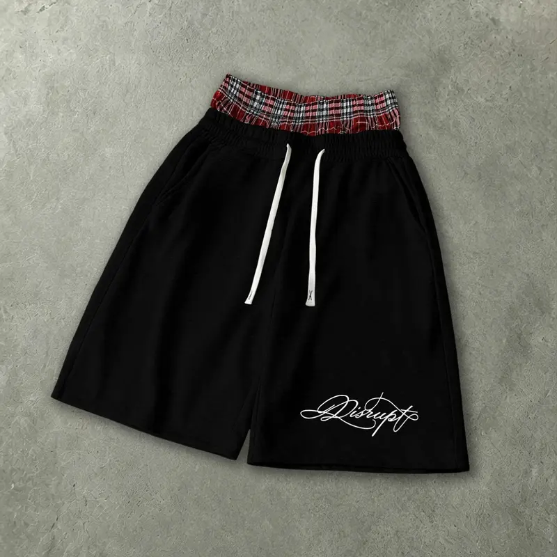 Y2K Plaid Fake Two-Piece Shorts, Casual Graphic Shorts, Loose-Fit High Street Trendy Letter Wide Leg Pants, Summer Streetwear Fashion, Casual Style