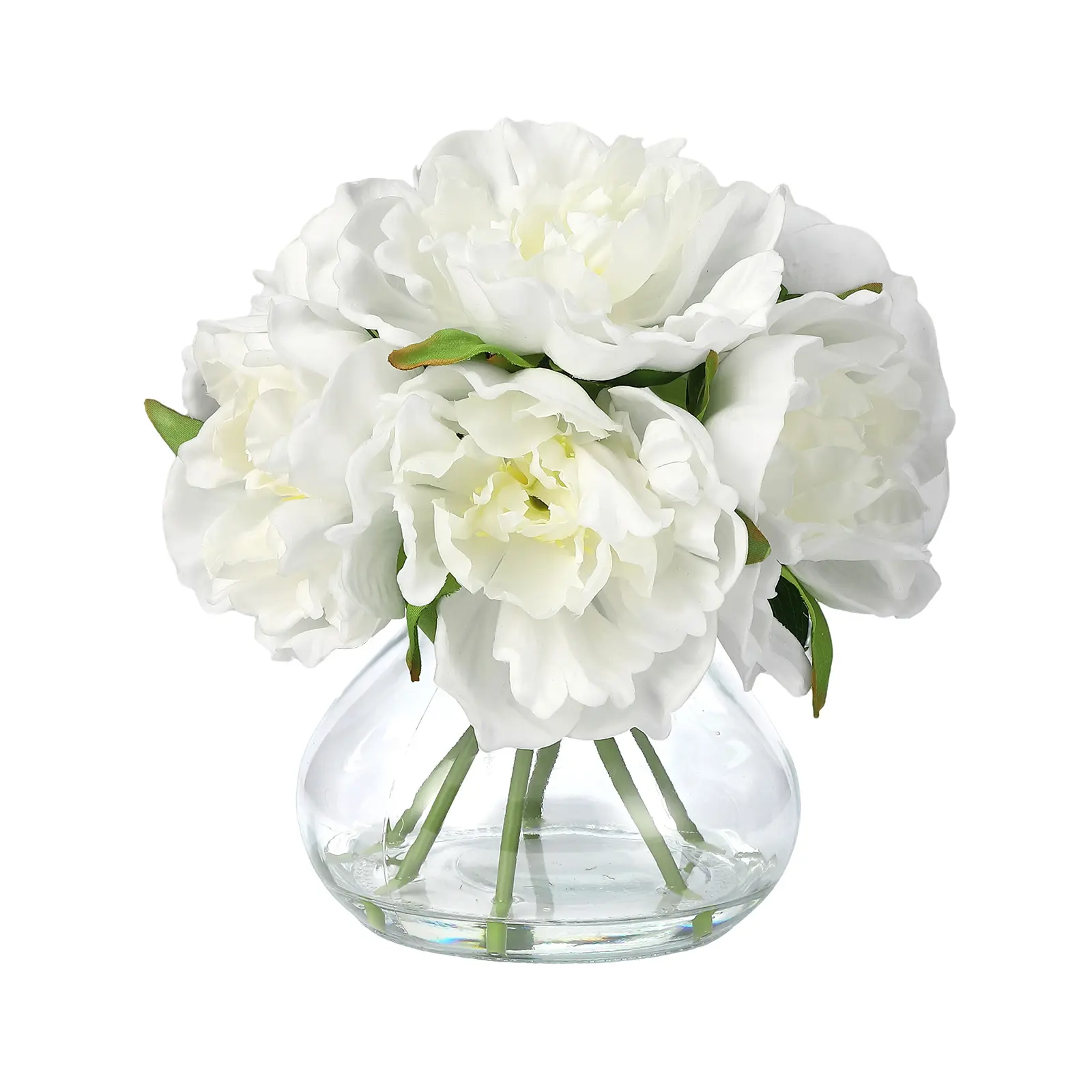 Lifelike Artificial Peonies & Calla Lilies Arrangement in Glass Vase – Realistic Silk Flowers with Faux Water