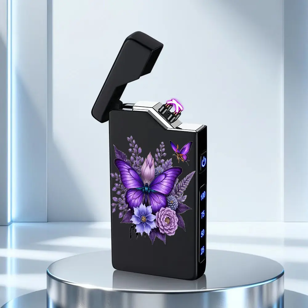 Rechargeable Lighter Featuring a Purple Butterfly Perched Among Colorful Flowers with Fluttering Butterflies Nearby. Dreamy Style, Windproof, Dual Electric Arc, Gift Box Packaging. Outdoor Survival Gear, a Gift Men Will Love, Christmas Gift