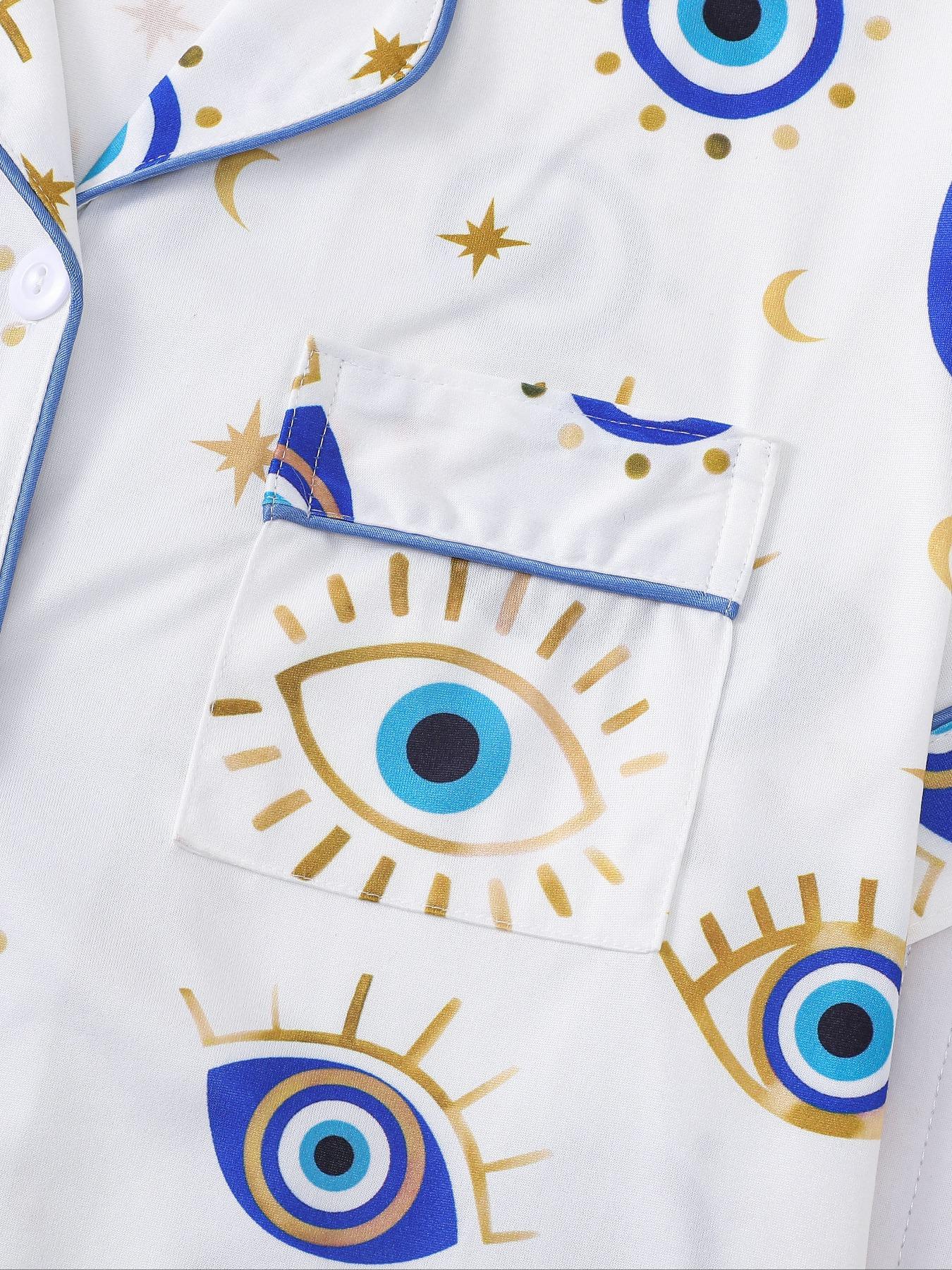 Women's All Over Cartoon Eye Print Short Sleeve Pajama Two-piece Set, Casual Comfy Button Front Chest Pocket Design Lapel Neck Top & Elastic Waist Shorts PJ Set, Ladies Sleepwear for All Seasons, Pajamas, Starlight Pajama Set