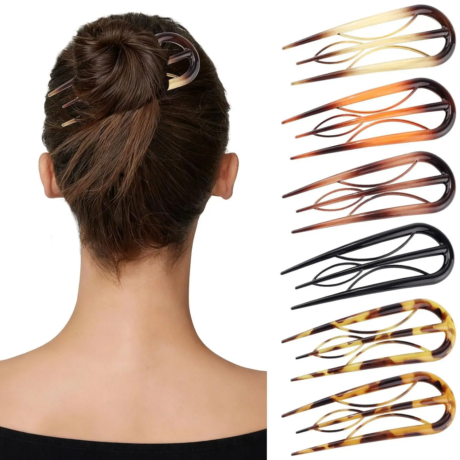 6-Pack French Retro Hair Fork Clips U-Shaped Hair Pins 4-Prong Hair Sticks Tortoiseshell Acetate Style Chignon Bun Maker Non-Slip Styling Accessories