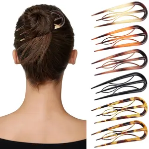 6-Pack French Retro Hair Fork Clips U-Shaped Hair Pins 4-Prong Hair Sticks Tortoiseshell Acetate Style Chignon Bun Maker Non-Slip Styling Accessories