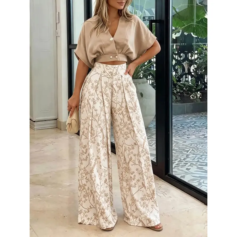Two piece set clothes for ladies with a high-end vacation style and light luxury commuting style, featuring a retro ink wash flower and bird print design, suitable for all seasons, daily commuting, vacation, and party dressing.