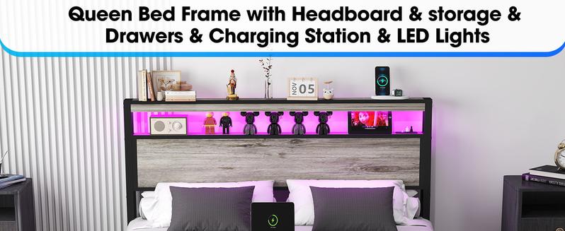 Queen Size Bed Frame with 4 Storage Drawers and Headboard with Charging Station and LED Lights,2 Tier Solid Wood Headboard Storage/Noise Free/No Box Spring Needed/Remote Control/Rustic Grey