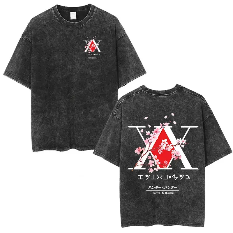 Anime Hunter X Hunter Graphic Vintage Washed T Shirt Gon Killua Cherry Blossom Print Men Casual Oversized Tshirt