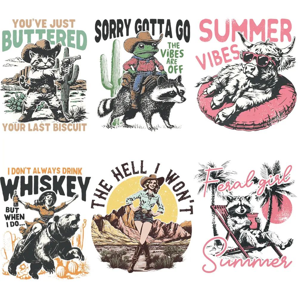 6Pcs retro Vintage western heat transfer stickers featuring funny raccoon and animal denim patterns. Washable and durable, easy to iron on. Universal for men and women's outfits, ideal for DIY clothing