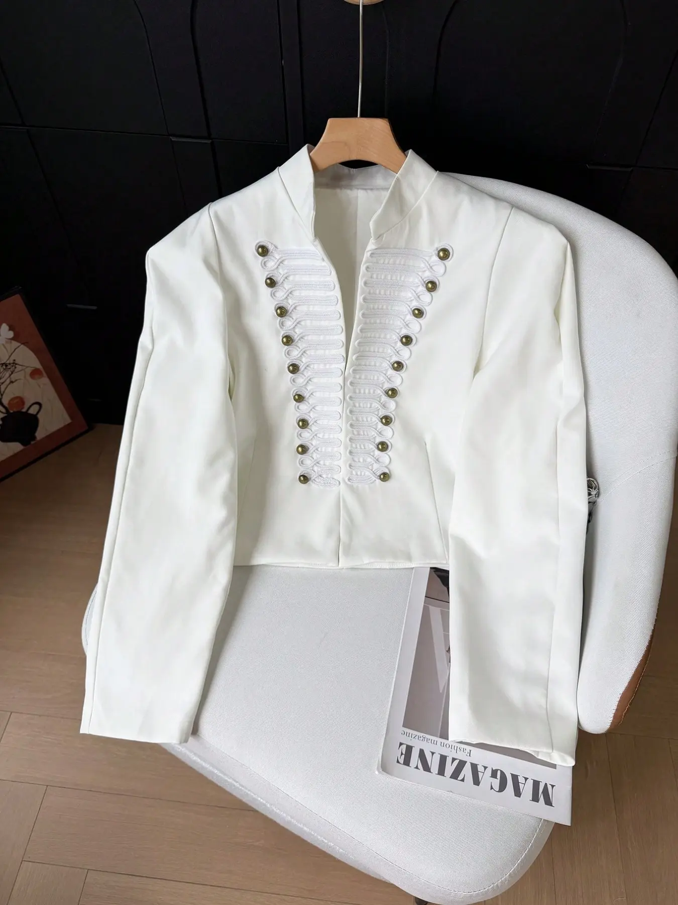 Women's Summer/fall Casual Elegant Fashion Rivet Stand Collar Short Jacket, Long Sleeve Fitted Top, Hook and Bar Closure