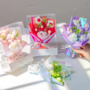 Mini Handmade Crochet Daisy Bouquet in Clear Gift Box, Everlasting No-Wilt Knitted Yarn , Ready To Gift Romantic Keepsake Present for Valentine’s Day, Birthday & Friendship Gift for Her paper Shiny Pink Glitter Artificial Rose decor summerwins buy own