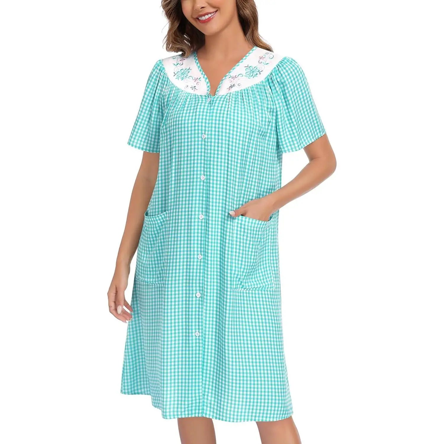 YOZLY Cotton House Dresses for Women Embroidered Nightgowns Housecoat Short Sleeve Duster Robe with Front Pockets S-3XL