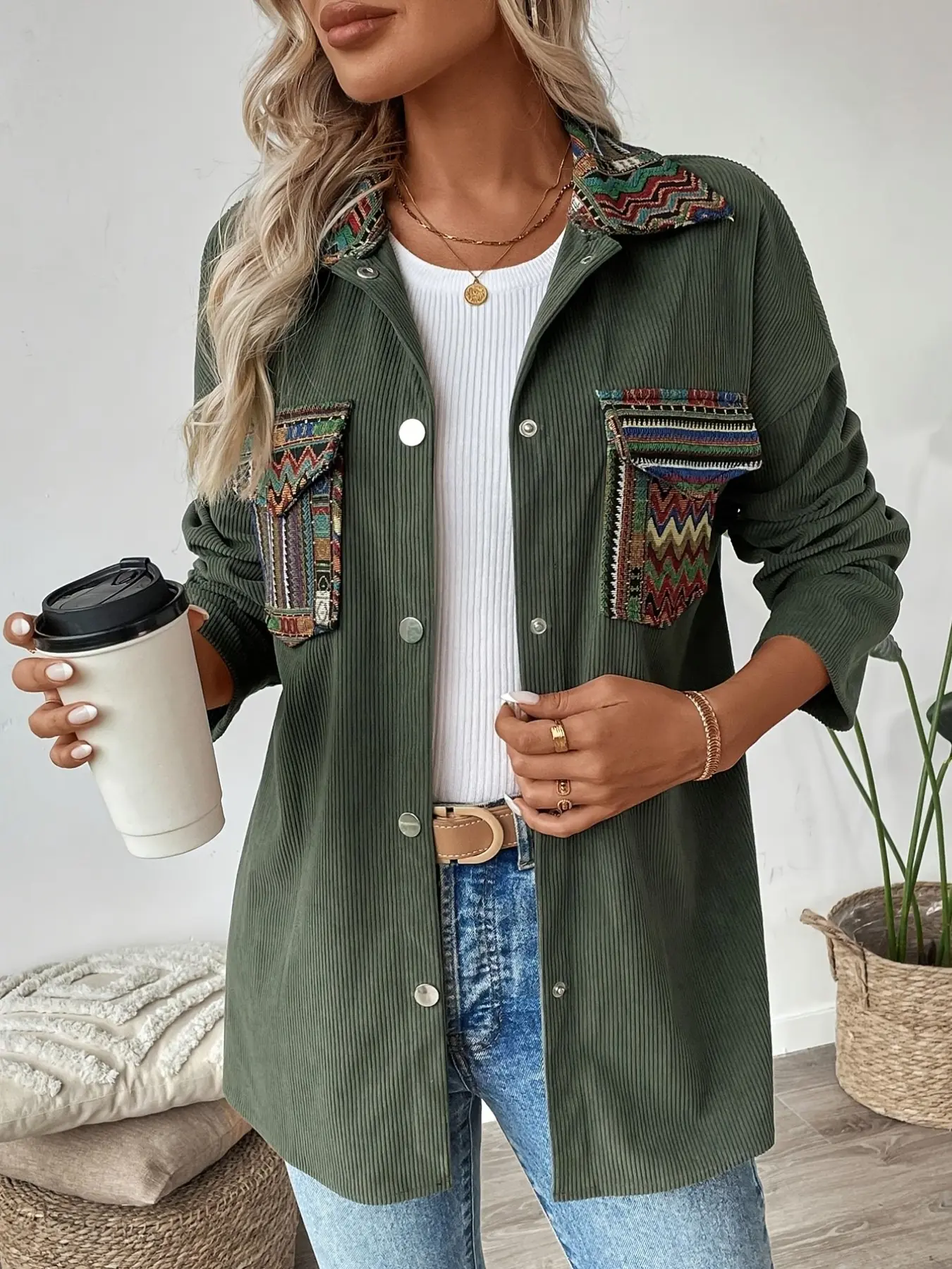 Women's Vintage Sporty Casual Jacket, Striped Shoulder-Off Design, Fall Winter Outerwear, Daily Wear Coat with Pockets