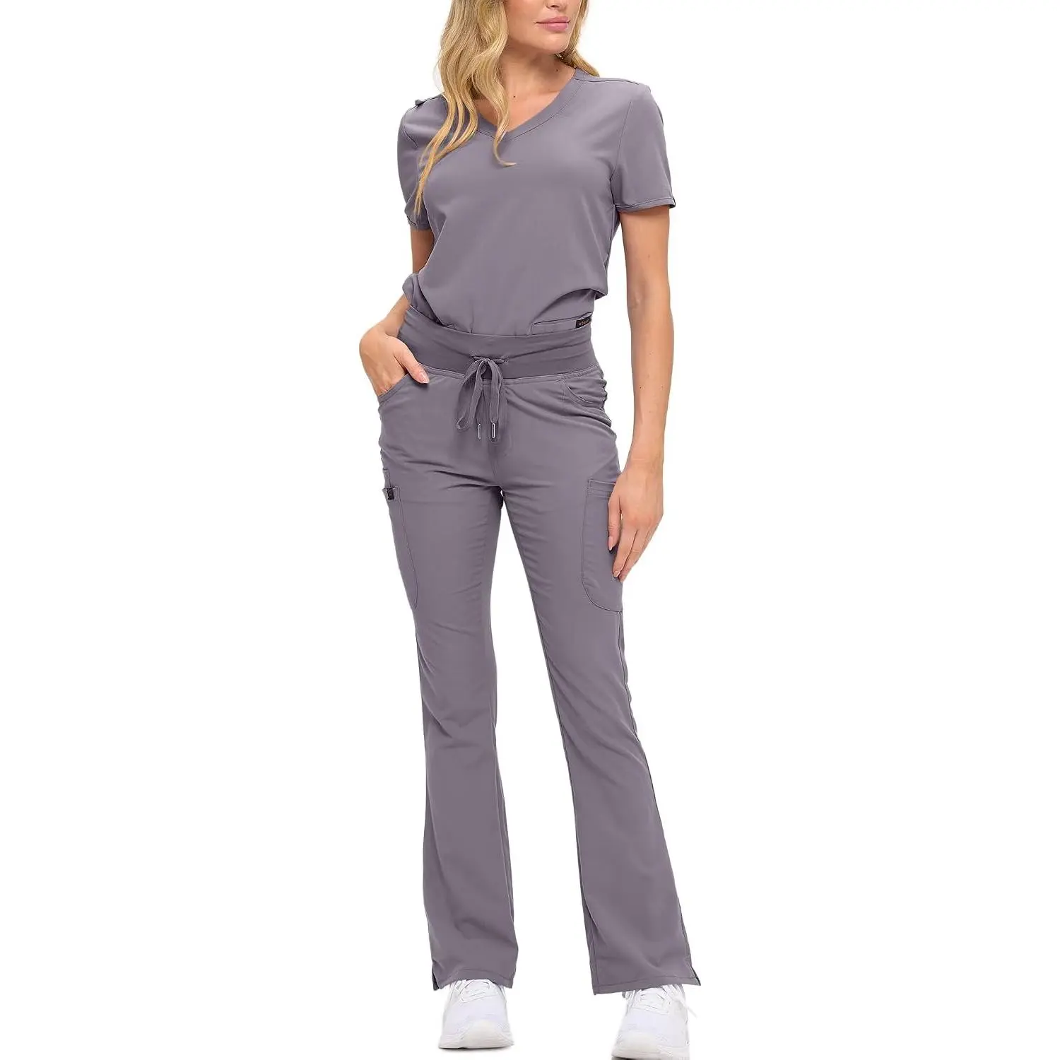 Women’s Soft Stretch Scrub Set With Nine Pockets– V-Neck Top & High-Waisted Bootcut Pants