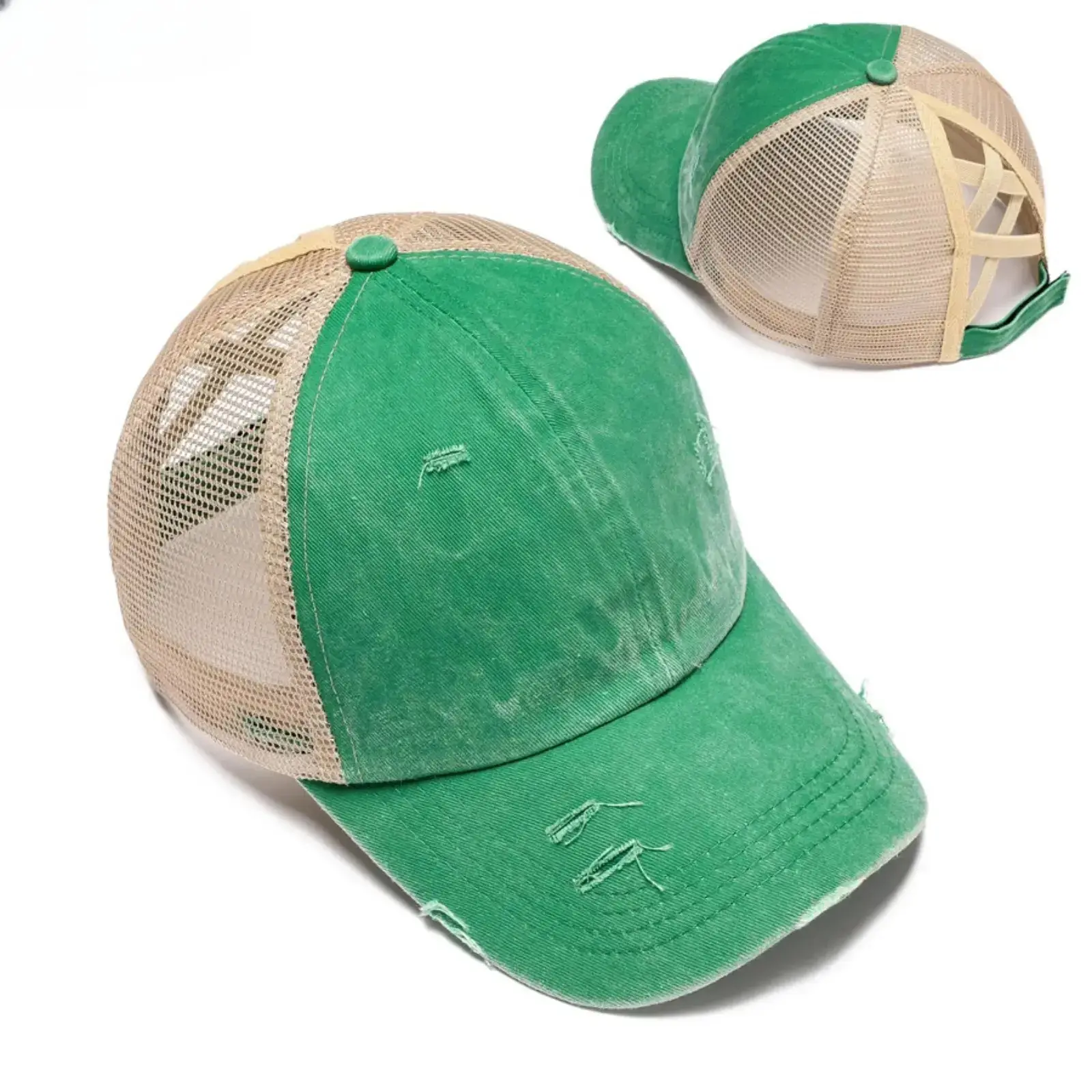 Women's Ponytail Trucker Hat with Criss-Cross Straps - Distressed Washed Mesh Baseball Cap, Adjustable for Outdoor Sports, Accessories For Women Relaxed Streetwear Hat High Quality Hat