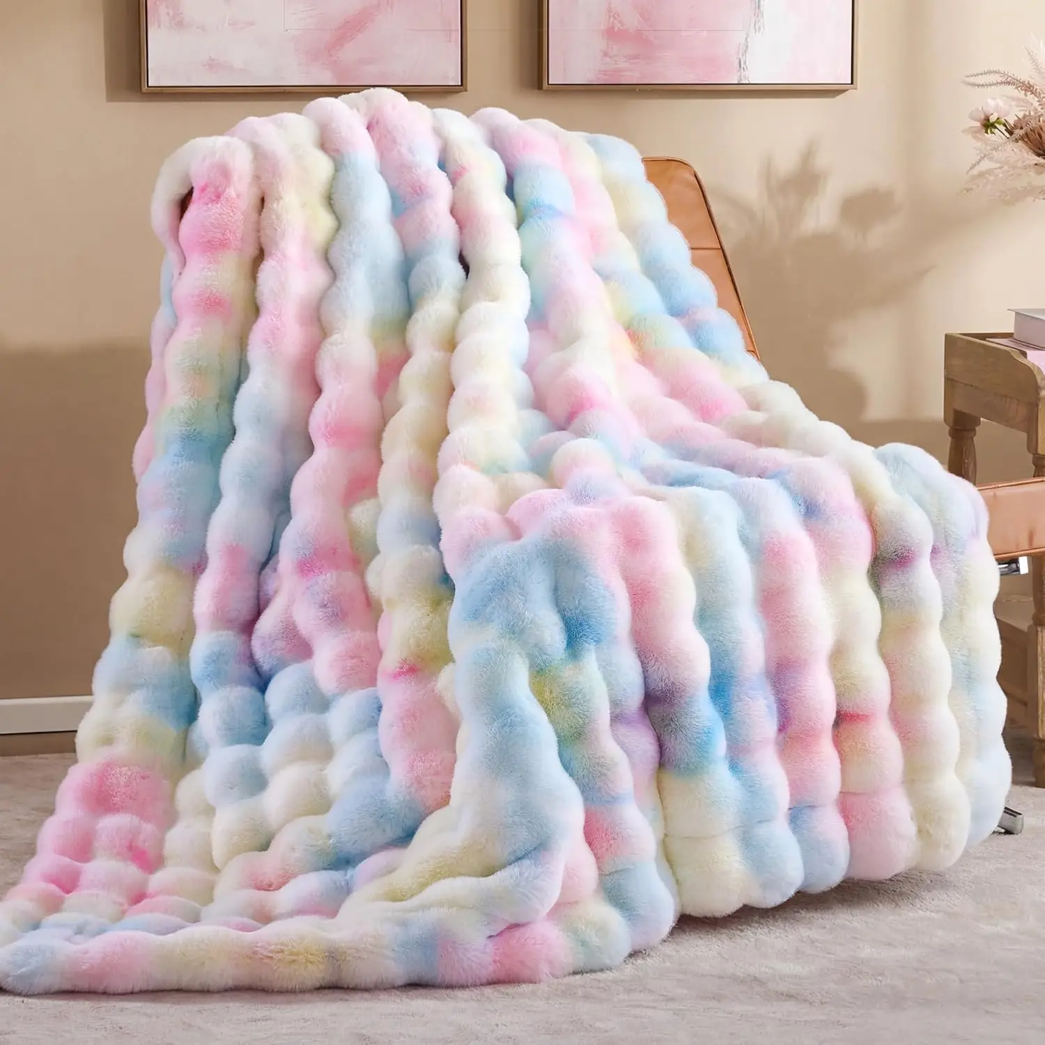 Faux Fur Throw Blanket for Couch - Rainbow Super Soft Cozy Bubble Blanket, Fluffy Plush Fuzzy Throw for Sofa & Bed, Thick Lightweight Warm Blanket, Luxury Aesthetic Gift for Women 50"x60"