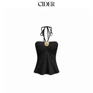 Cider [4 colors, size 0-10] Cotton-blend Halter Neckline Ruched Metal Detail Shirred Top SummerFinds