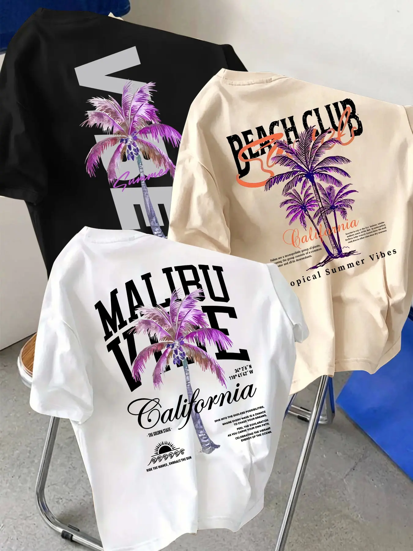 Mens Crew Neck Short Sleeve Tees Tropical Palm Tree California Malibu Beach Cursive Letter Back Graphic Print Loose Fit Summer Coastal Streetwear Tops For Daily Vacation Leisure Outfit