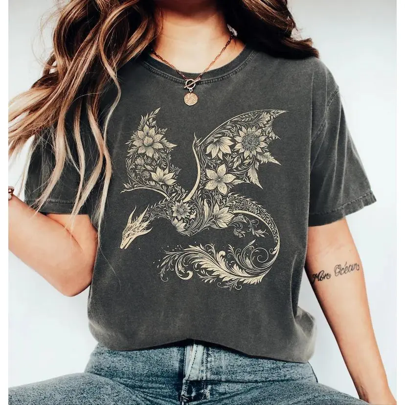 Dragon Shirt, Floral Dragon Graphic Tee, Cottagecore Fantasy Shirt, Botanical Dragon T-Shirt, Dark Academia Gift For Her