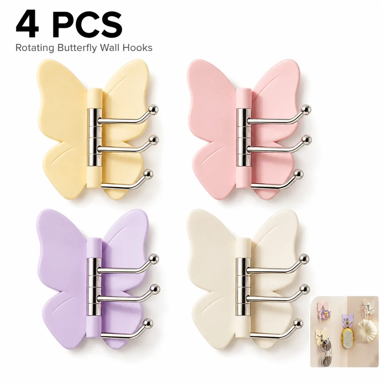 4Pcs Heavy Duty Drill-Free Butterfly Adhesive Wall Hooks, Rotatable Triple-Prong Swivel Hooks with Adjustable Wings, Waterproof Self-Adhesive Hanging Hooks for Bathroom, Kitchen, Entryway & Indoor Outdoor Wall Corners, Ideal for Towel Storage