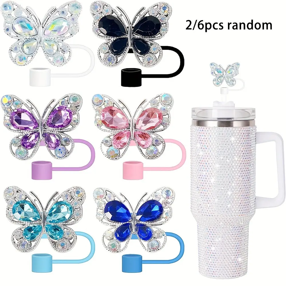 2/6pcs Shiny Straw Toppers, Colorful Diamond Butterfly Straw Covers Cap Compatible with Tumbler Cups 30&40oz Tumbler with Handle Reusable Silicone Bling Tumbler Cup Accessories