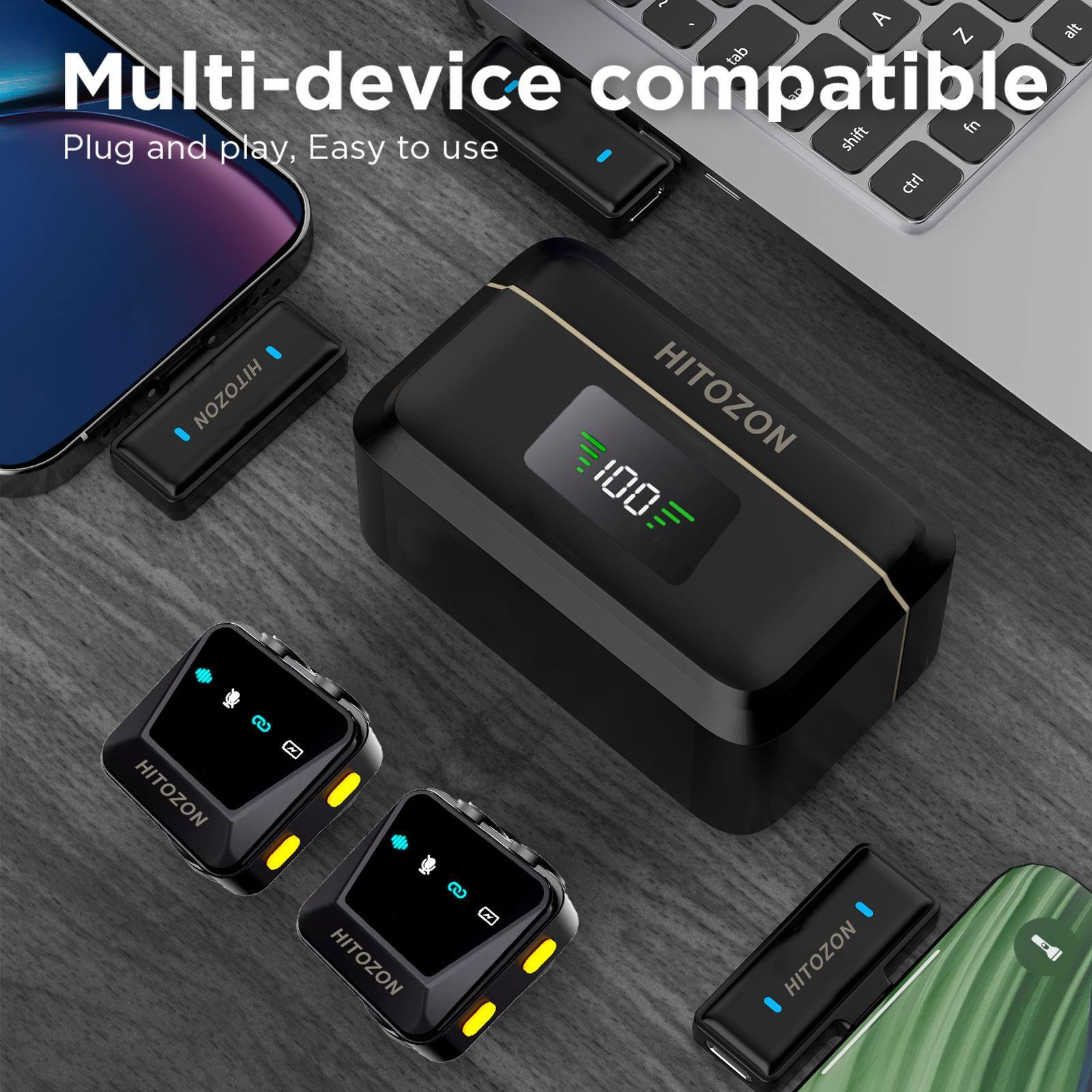 HITOZON Wireless Lavalier Microphone, USB Rechargeable Wireless Microphone with Charging Case, Lapel Mini Mic for Video Recording, Teaching, Interviews, Podcast, Audio, Portable Mic