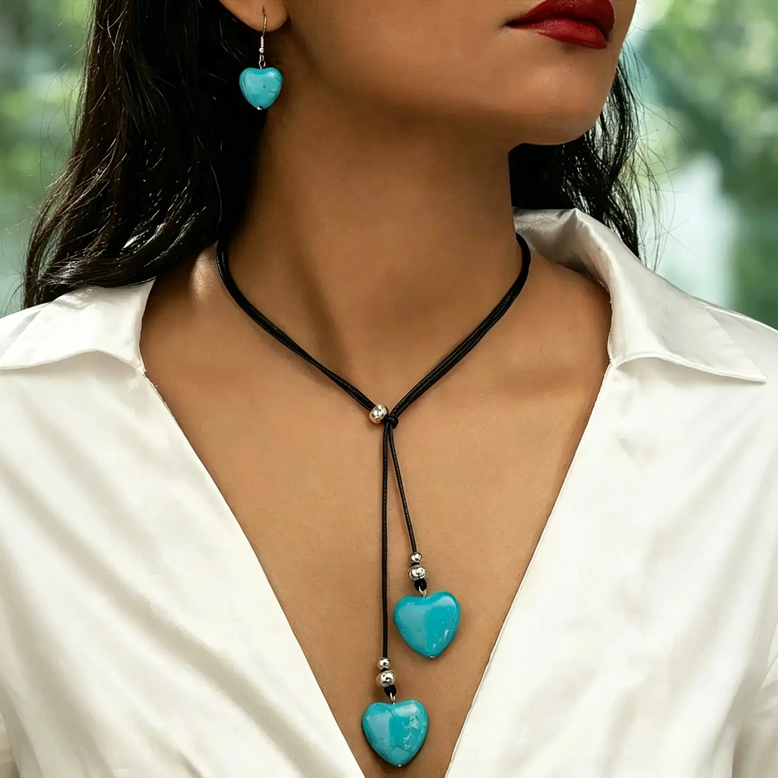 3Pcs Boho Turquoise Heart Jewelry Set, including necklace and earrings. Retro ethnic style accessories for women. Timeless bohemian pieces ideal for party looks and vacation outfits.