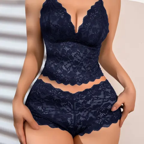Women's Lace Deep V Neck Backless Top Set, French Style Removable Inner Padding No Steel Cup Design, Elegant Daily Wear Underwear Sets #GLOBAL PICKS