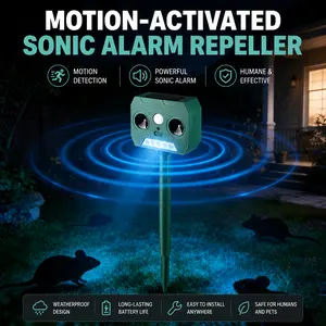 Solar Ultrasonic Animal Repeller 2-Pack, Motion Sensor Alarm Outdoor Deterrent for Cats, Dogs, Squirrels, Raccoons, Deer & Birds, IP44 Waterproof