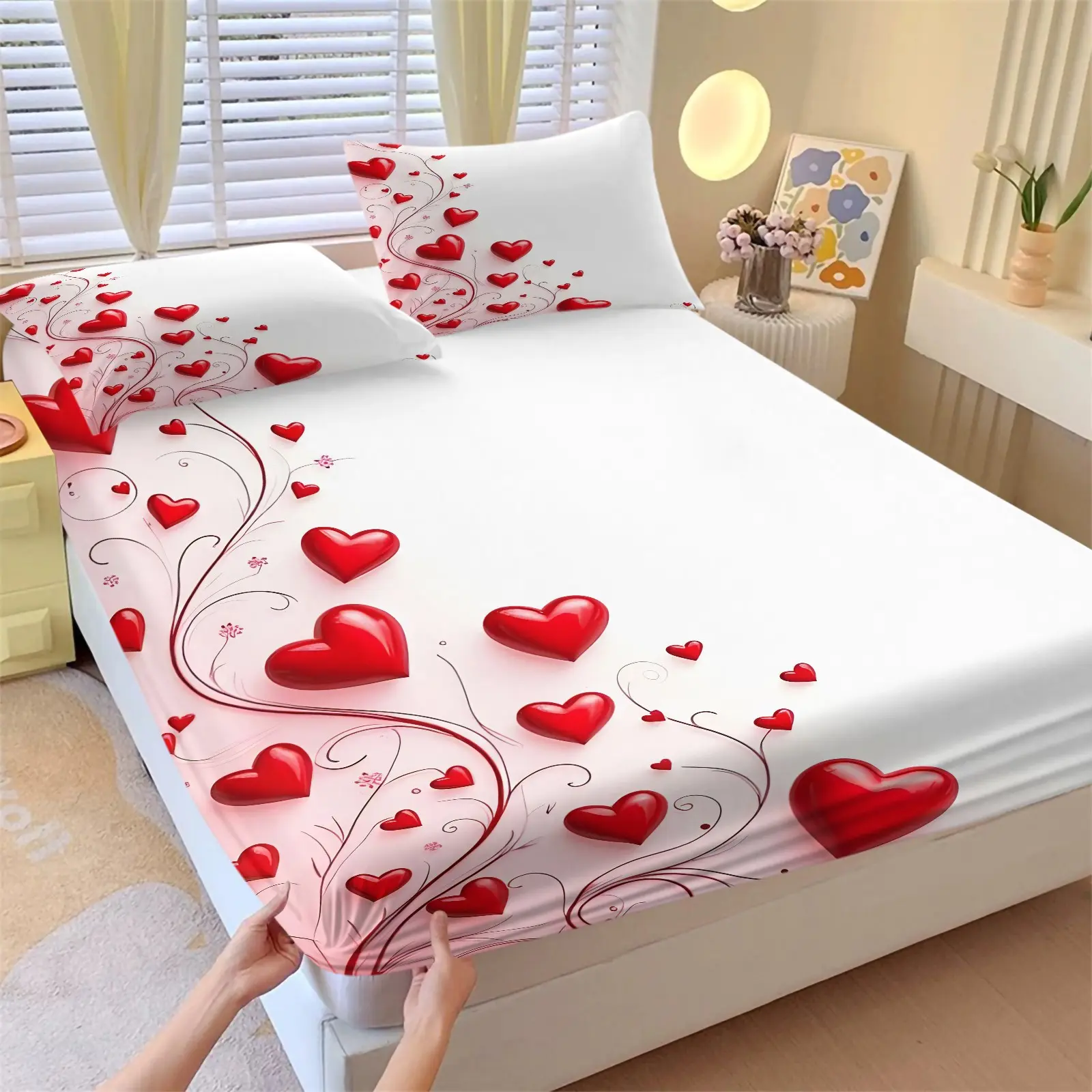 Valentine'S Day Bedding Set, 3 Pcs Romantic Red Heart-Shaped Fitted Sheet Set, Suitable for Wedding Rooms, Couple'S Master Bedrooms, Valentine'S Day Gifts, Girl'S Bedrooms, and Anniversary Home Decorations (Includes 1 Fitted Sheet + 2 Pillowcases).
