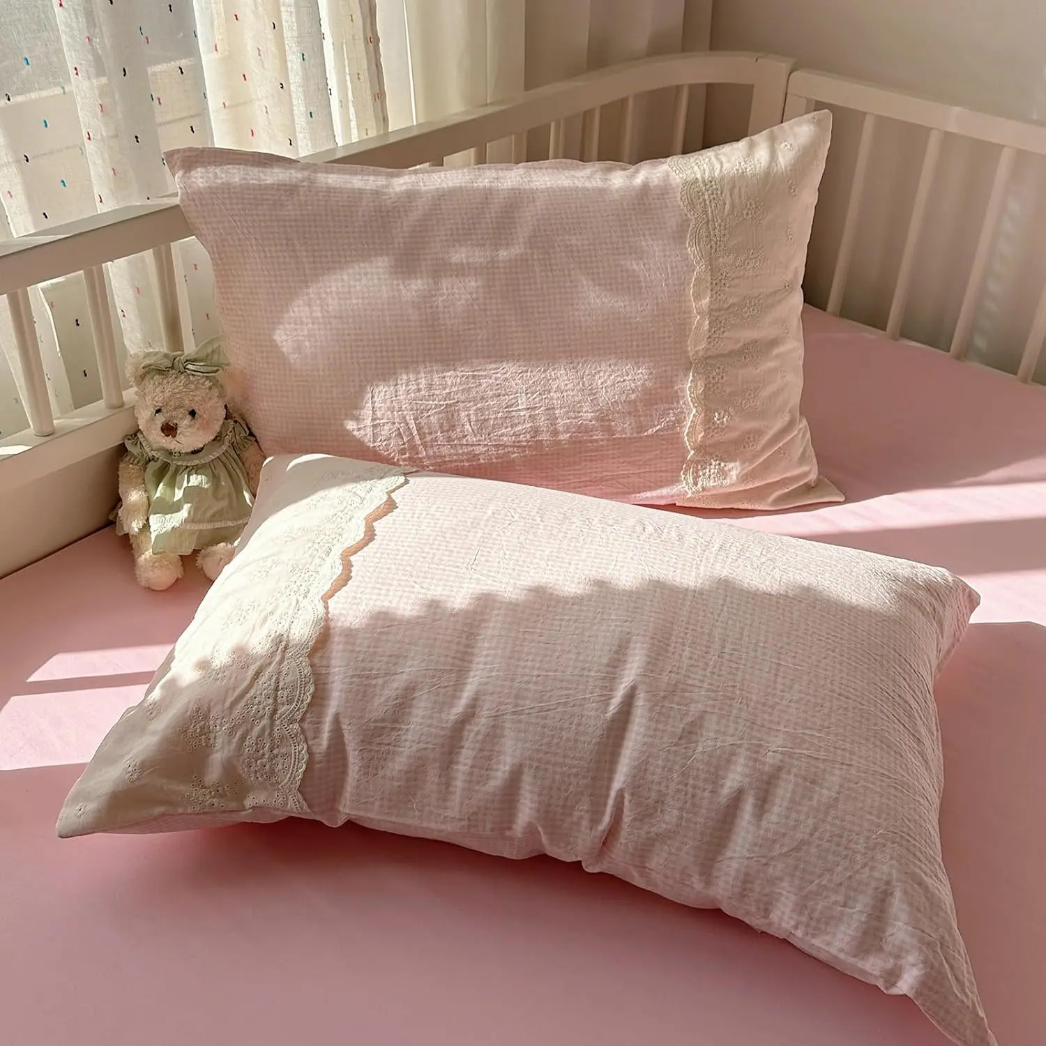 Gingham Pillowcases 2 count Bed Pillow Shams with Elegant Lace Standard  Pillow Shams for Girls,Soft,Luxury,Comfortable (20"×26",2 Pieces)