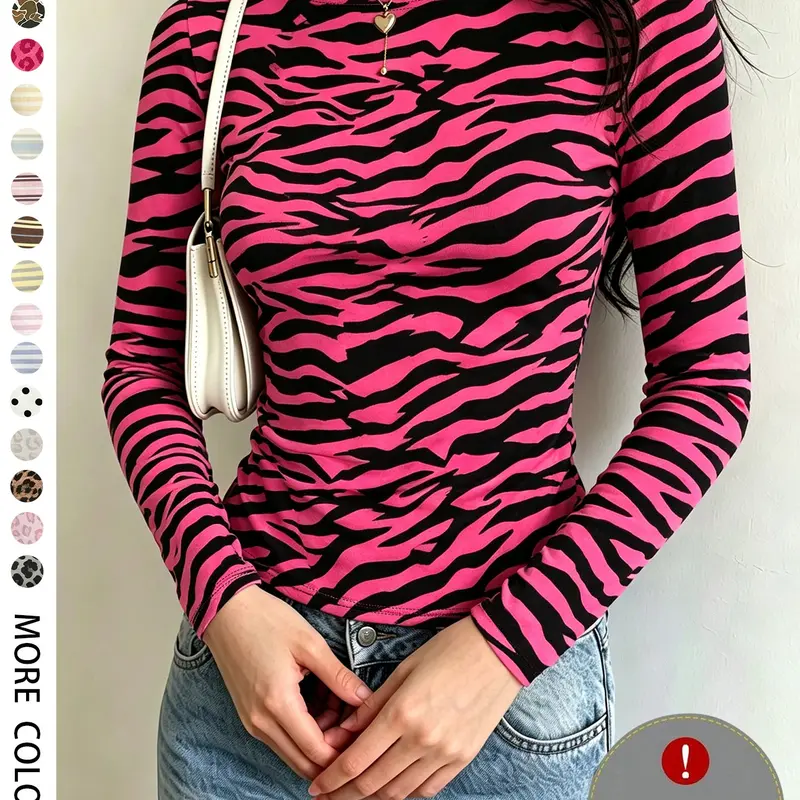 Women's Round Neck Long Sleeve Top, Slim Fit Leopard Print T-Shirt, Casual Fall & Winter Wear for Daily Home Wear