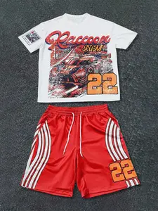 This men's two-piece set includes a crew neck short-sleeved T-shirt with a racing car and alphanumeric print and a pair of shorts with a number print, creating a comfortable and casual look.