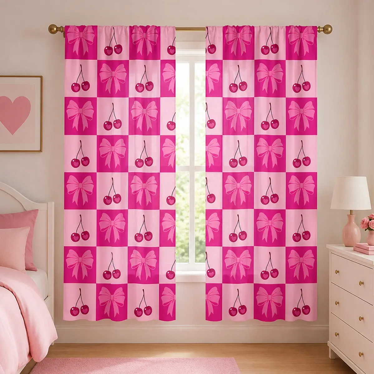 2pcs Semi-blackout floor-length curtains featuring a "sweet-meets-cool" girl-style print—combining pink roses, a checkerboard pattern, bows, and cherries. Trendy fabric drapes suitable for bedrooms, kitchens, studies, cafés, and more; made of polyester.