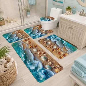 3/5Pcs Beach Ocean Bathroom Rug Set, Coastal Starfish Seashell Wave Non-Slip Absorbent Bath Mat, Toilet Lid Cover & U-Shaped Mat, Nautical Summer Bathroom Decor, Bath Room Rugs Set, Bathroom Rugs Sets