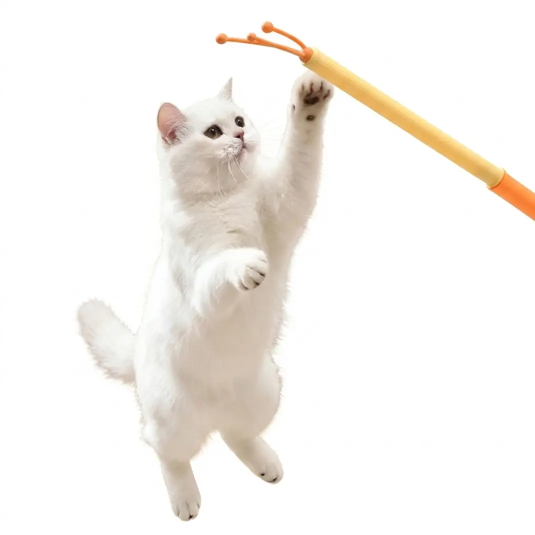 2-in-1 Extendable Cat Massager and Teaser Stick - Soft Silicone Cat Grooming Brush for Face & Chin Scratching, Telescopic Long Pet Toy Wand with Octopus Claw for Shedding & Massaging Loose Hair